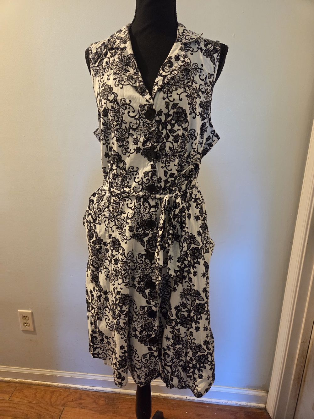 Mlle Gabrielle Black & White Floral Midi Dress with Tie Waist